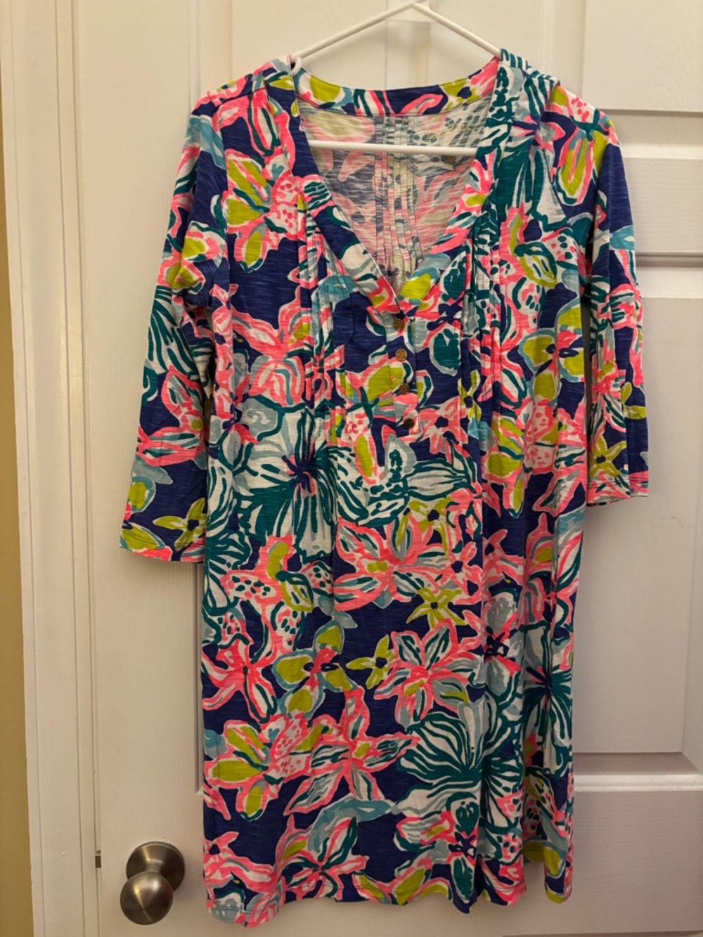 Lilly Pulitzer Floral Shift Dress in Navy, Pink & Green Cotton Modal Size Medium